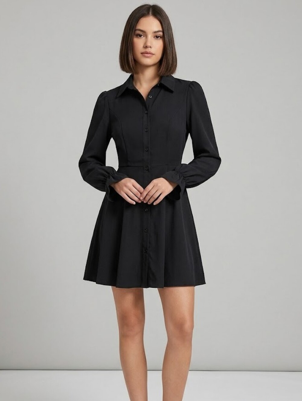 SHEIN Black Long-Sleeve Button Front Fit-and-Flare Mini Dress